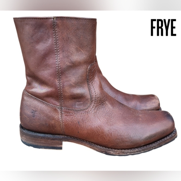 FRYE Square Toe Biker Heath Burnish Brown Leather Zip Short Calf Boot Men 10.5 - Picture 3 of 16